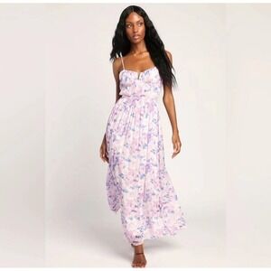 Lulus Total Darling Pink Multi Floral Print‎ Notched Bustier Maxi Dress XS